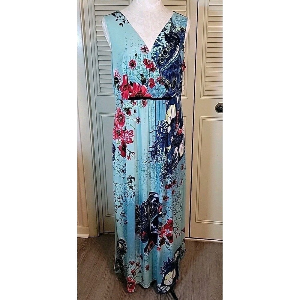 Elementz Womens Flower & Butterfly Maxi Dress Sz XL Nature Romantic Comfy